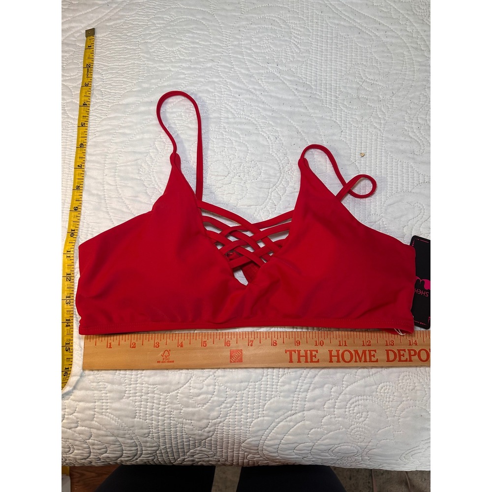 Shekini Bikini Top Womens Red Lattice Strappy V-Neck Padded Swimwear